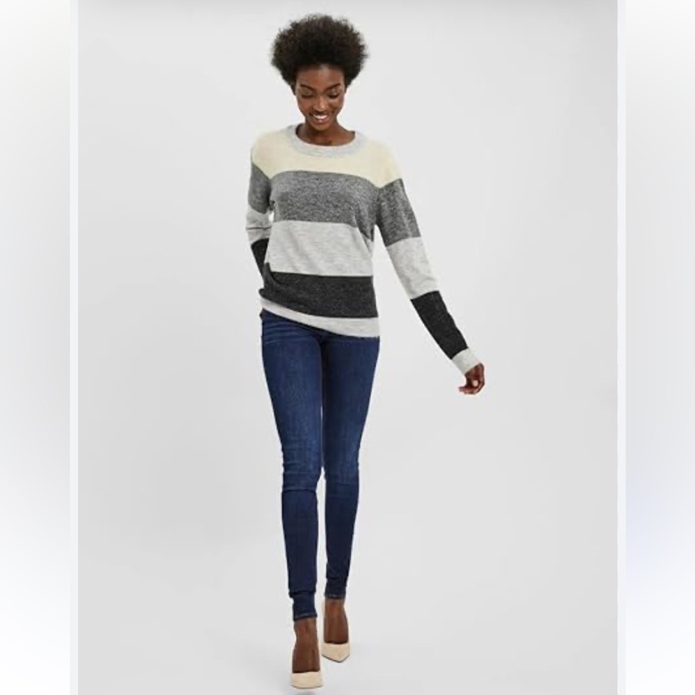 WOOLBLEND Stripe SWEATER SZ SMALL--Grey-Black-White-Crewneck!! EUC🍂